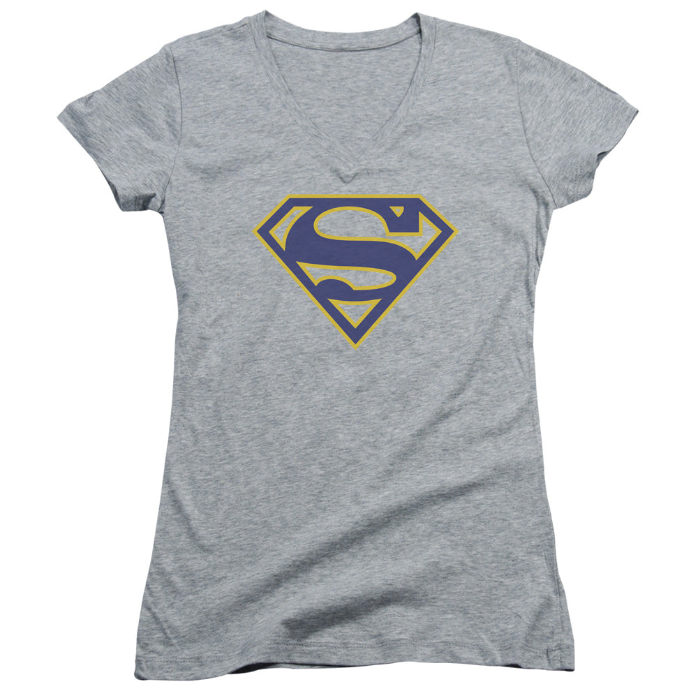 Superman Maize & Blue Shield Junior Sheer Cap Sleeve V Neck Womens T Shirt Athletic Heather