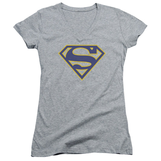 Superman Maize & Blue Shield Junior Sheer Cap Sleeve V Neck Womens T Shirt Athletic Heather