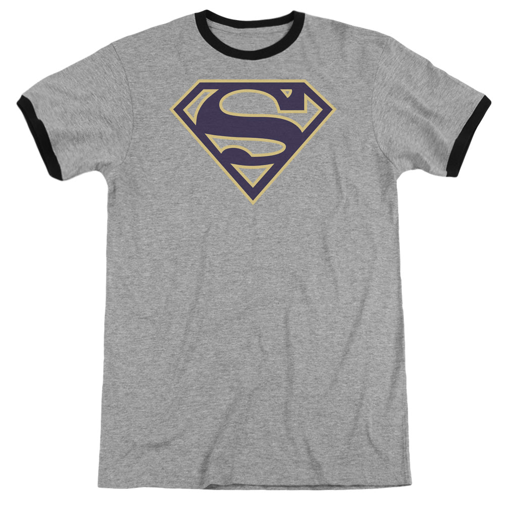 Superman Navy & Gold Shield Heather Ringer Mens T Shirt Heather Black