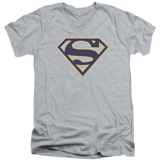 Superman Navy & Gold Shield S S Adult V Neck Athletic Heather