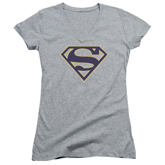 Superman Navy & Gold Shield Junior Sheer Cap Sleeve V Neck Womens T Shirt Athletic Heather