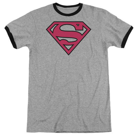 Superman Red & Black Shield Heather Ringer Mens T Shirt Heather Black