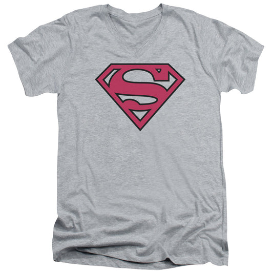 Superman Red & Black Shield S S Adult V Neck Athletic Heather