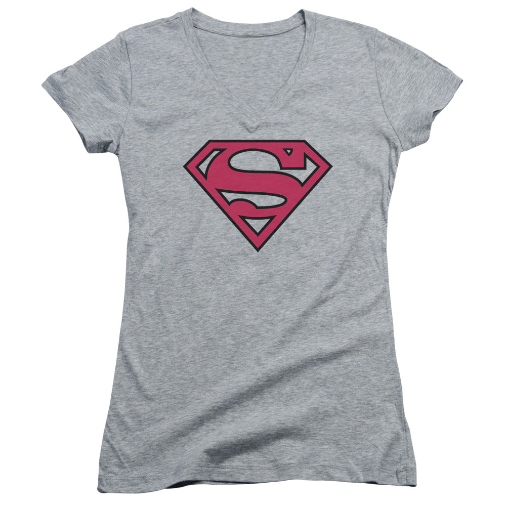 Superman Red & Black Shield Junior Sheer Cap Sleeve V Neck Womens T Shirt Athletic Heather