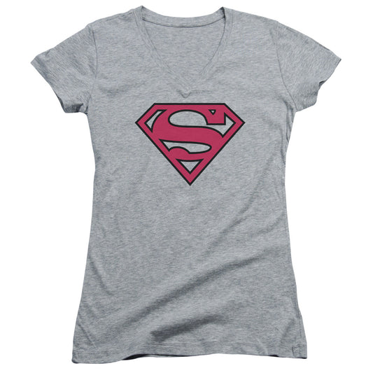 Superman Red & Black Shield Junior Sheer Cap Sleeve V Neck Womens T Shirt Athletic Heather