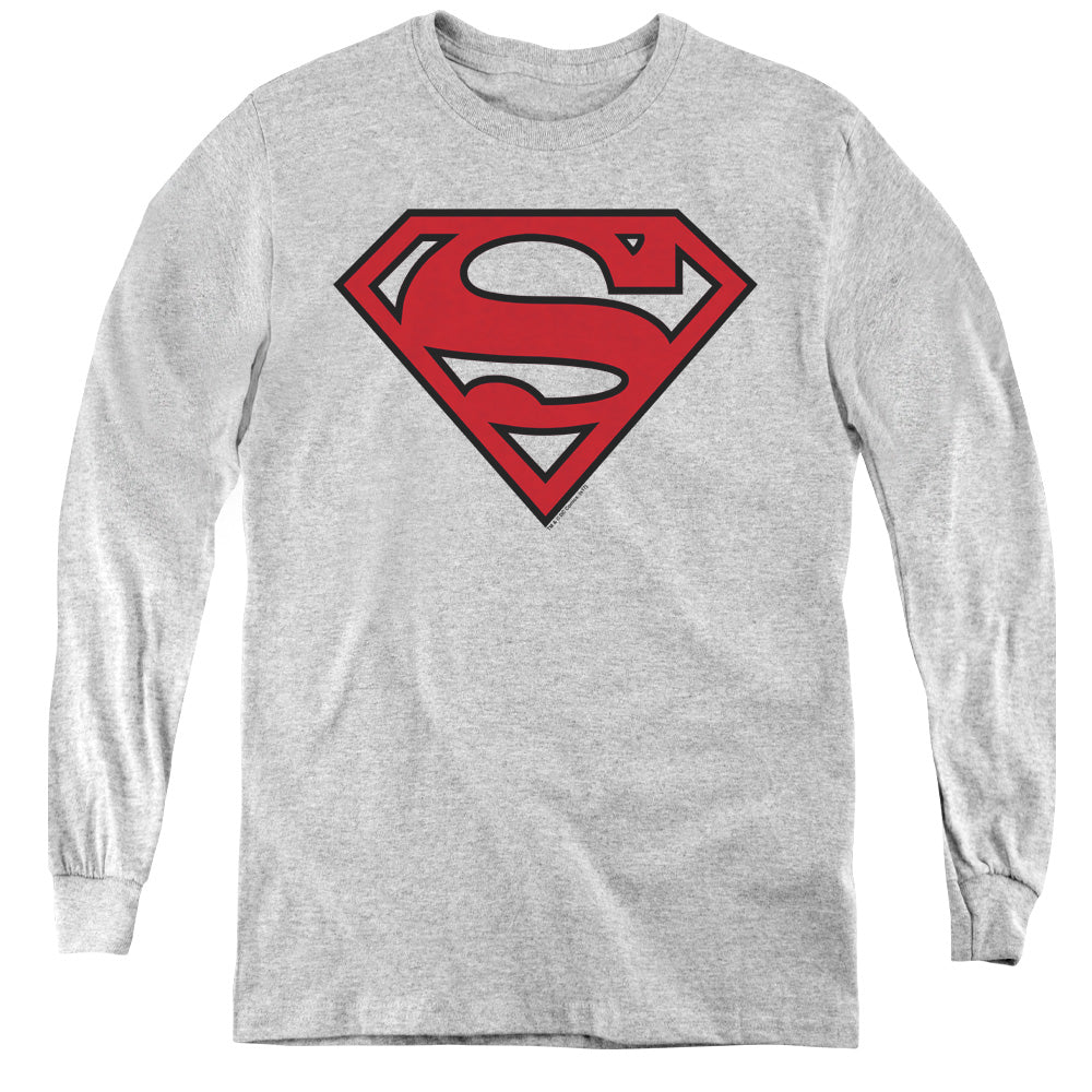 Superman Red & Black Shield Long Sleeve Kids Youth T Shirt Athletic Heather