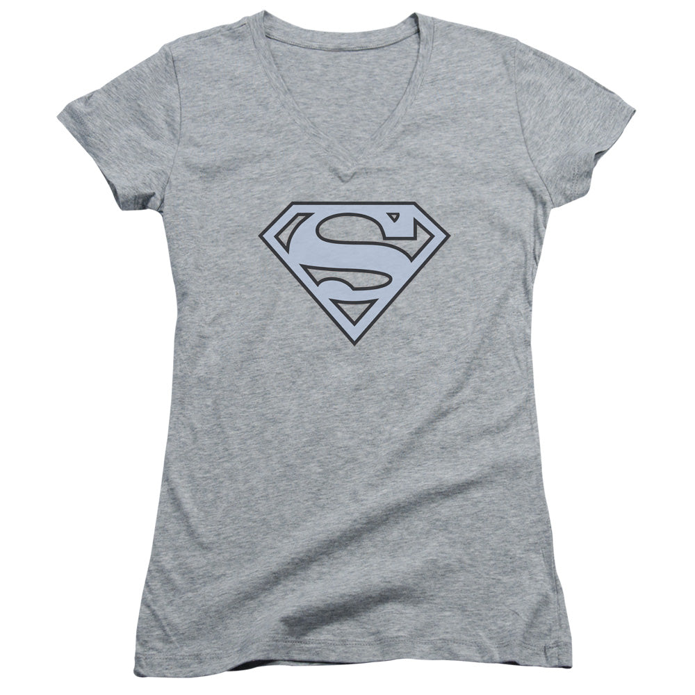 Superman Carolina Blue&navy Shield Junior Sheer Cap Sleeve V Neck Womens T Shirt Athletic Heather