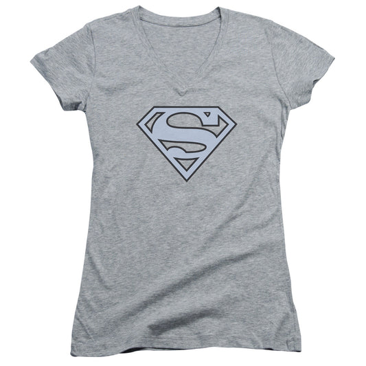 Superman Carolina Blue&navy Shield Junior Sheer Cap Sleeve V Neck Womens T Shirt Athletic Heather