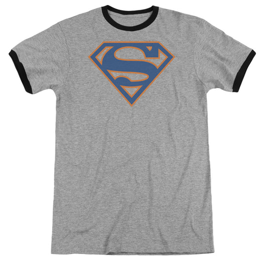 Superman Blue & Orange Shield Heather Ringer Mens T Shirt Heather Black