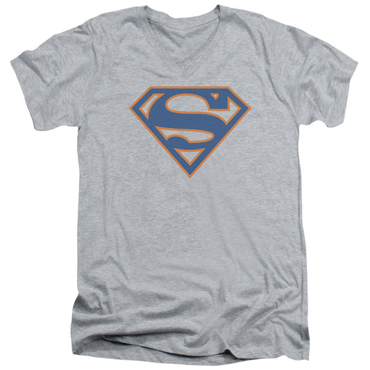 Superman Blue & Orange Shield S S Adult V Neck Athletic Heather