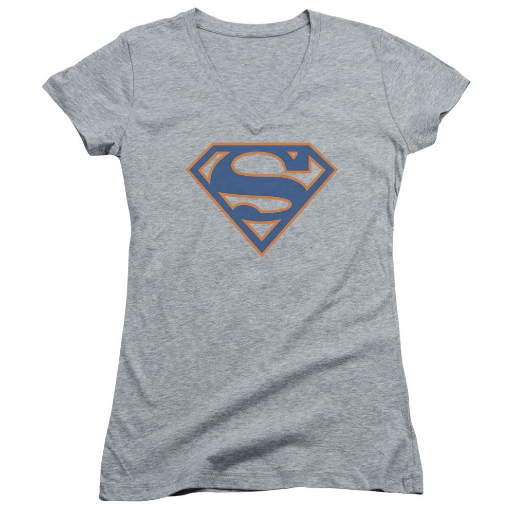 Superman Blue & Orange Shield Junior Sheer Cap Sleeve V Neck Womens T Shirt Athletic Heather