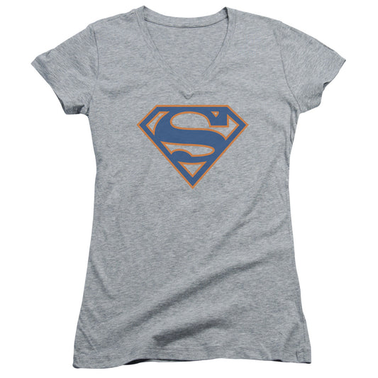 Superman Blue & Orange Shield Junior Sheer Cap Sleeve V Neck Womens T Shirt Athletic Heather