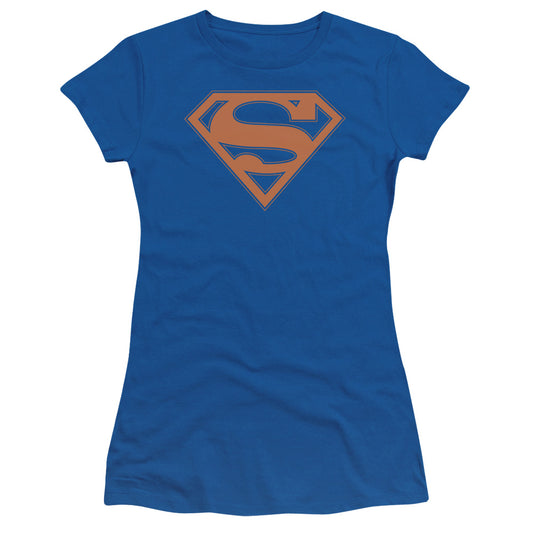 Superman Blue & Orange Shield Junior Sheer Cap Sleeve Womens T Shirt Royal Blue