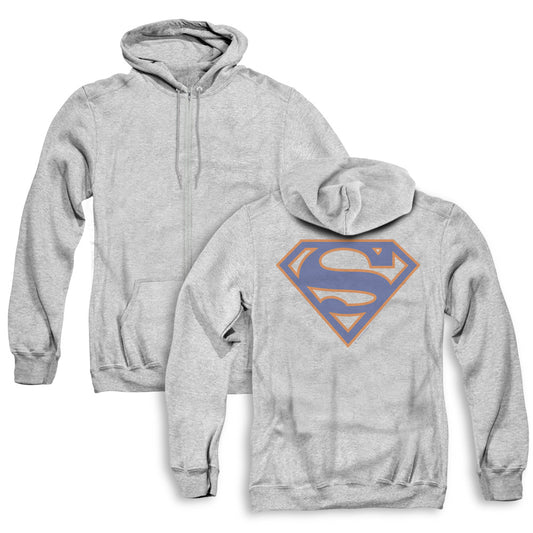 Superman Blue & Orange Shield Back Print Zipper Mens Hoodie Athletic Heather