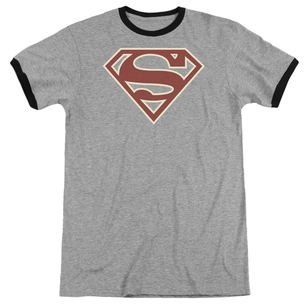 Superman Crimson & Cream Shield Heather Ringer Mens T Shirt Heather Black