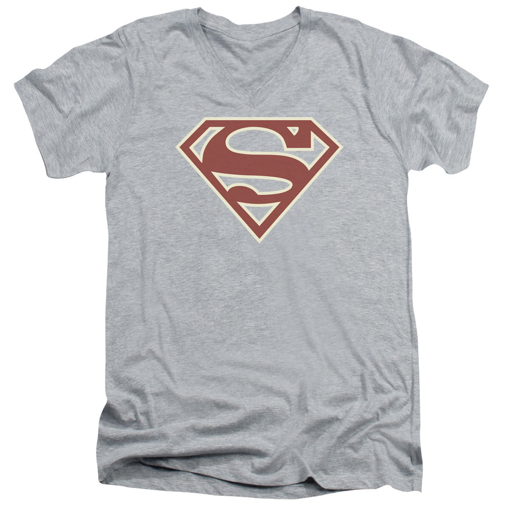 Superman Crimson & Cream Shield S S Adult V Neck Athletic Heather