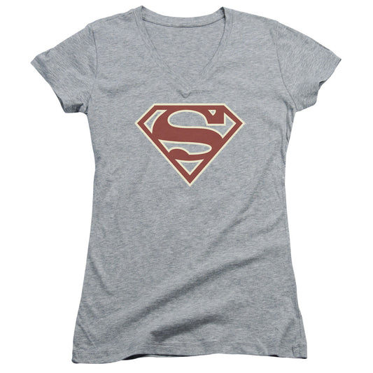 Superman Crimson & Cream Shield Junior Sheer Cap Sleeve V Neck Womens T Shirt Athletic Heather