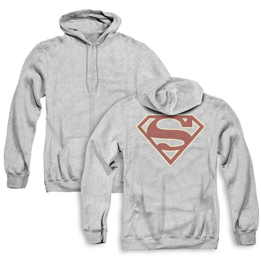 Superman Crimson & Cream Shield Back Print Zipper Mens Hoodie Athletic Heather