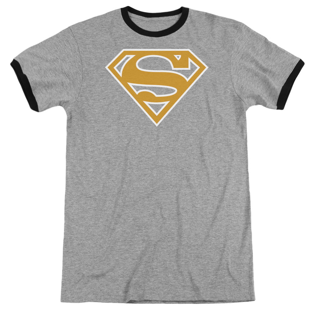 Superman Lt Orange & White Shield Heather Ringer Mens T Shirt Heather Black