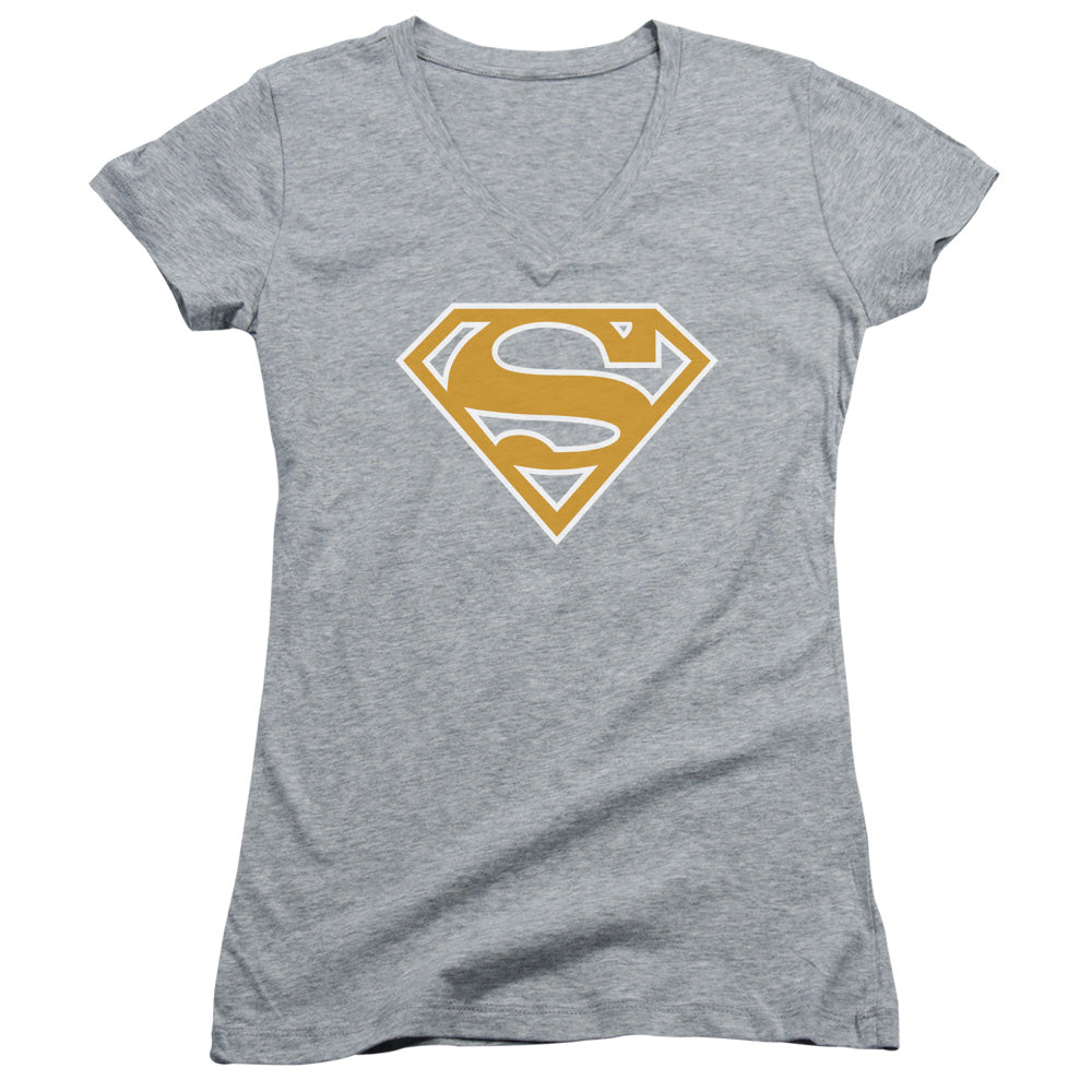 Superman Lt Orange & White Shield Junior Sheer Cap Sleeve V Neck Womens T Shirt Athletic Heather