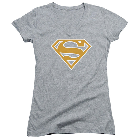 Superman Lt Orange & White Shield Junior Sheer Cap Sleeve V Neck Womens T Shirt Athletic Heather