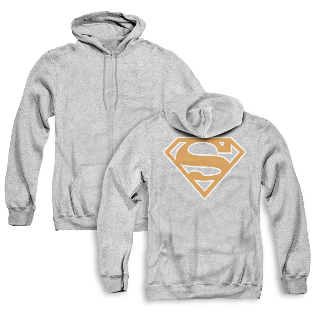 Superman Lt Orange & White Shield Back Print Zipper Mens Hoodie Athletic Heather