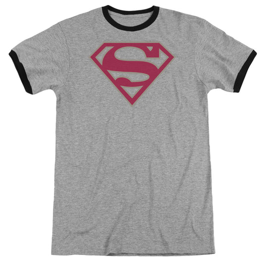 Superman Crimson & Gray Shield Heather Ringer Mens T Shirt Heather Black