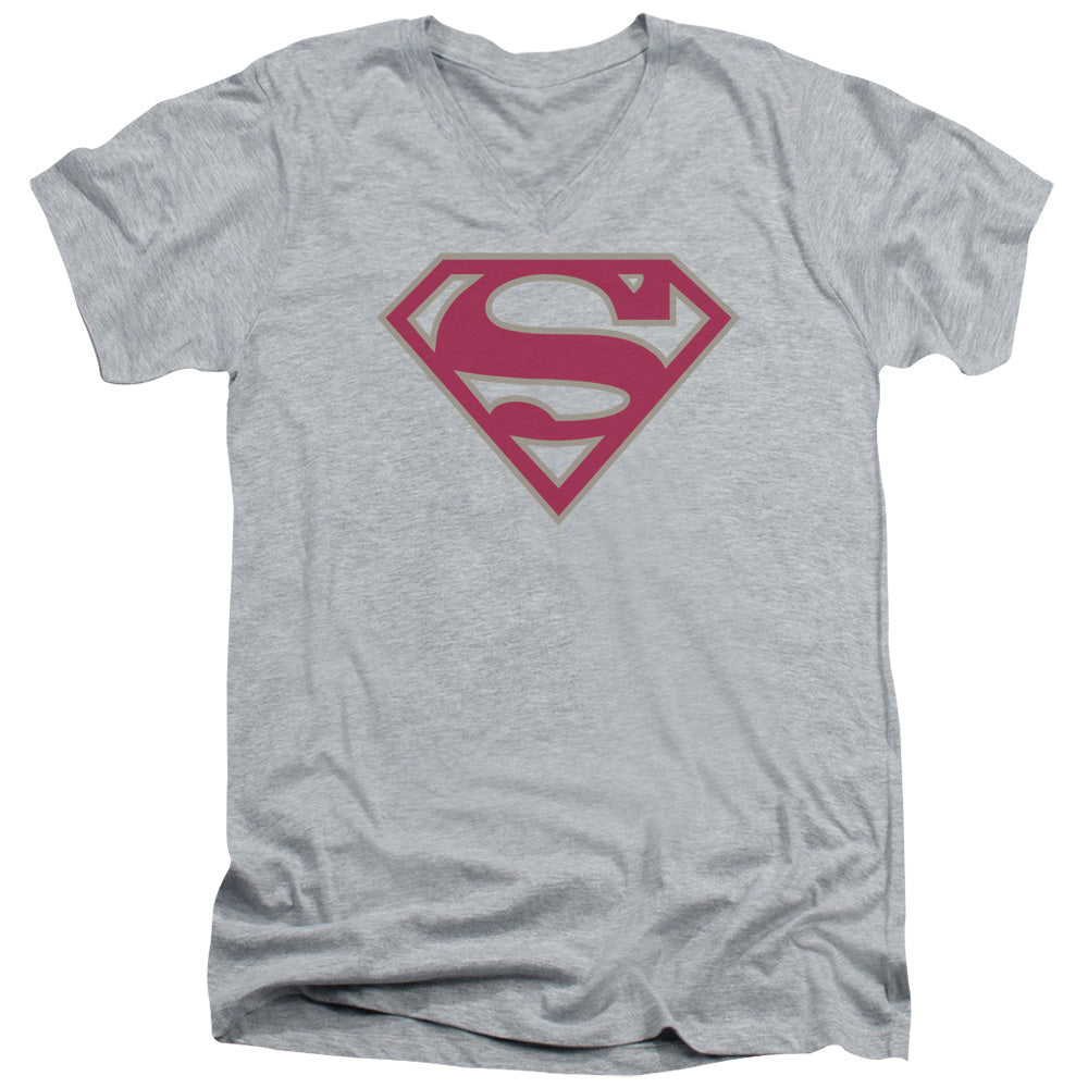 Superman Crimson & Gray Shield S S Adult V Neck Athletic Heather