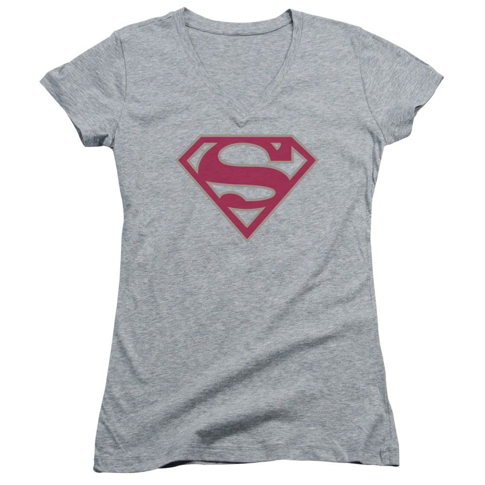 Superman Crimson & Gray Shield Junior Sheer Cap Sleeve V Neck Womens T Shirt Athletic Heather