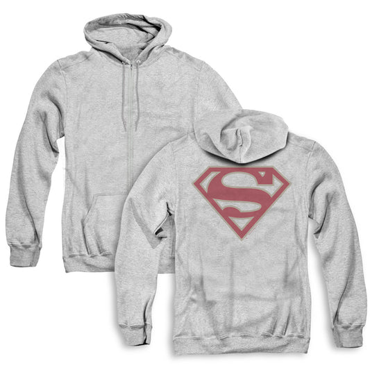 Superman Crimson & Gray Shield Back Print Zipper Mens Hoodie Athletic Heather