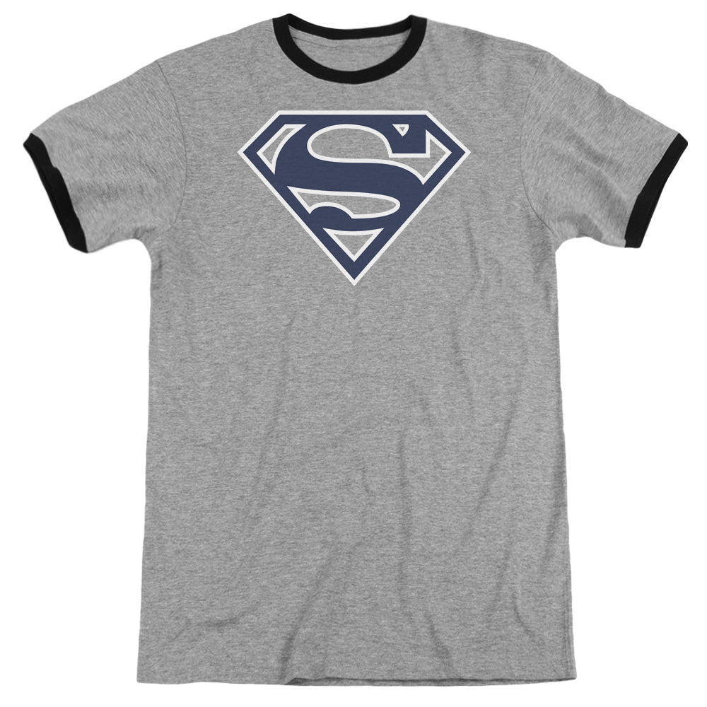 Superman Navy & White Shield Heather Ringer Mens T Shirt Heather Black