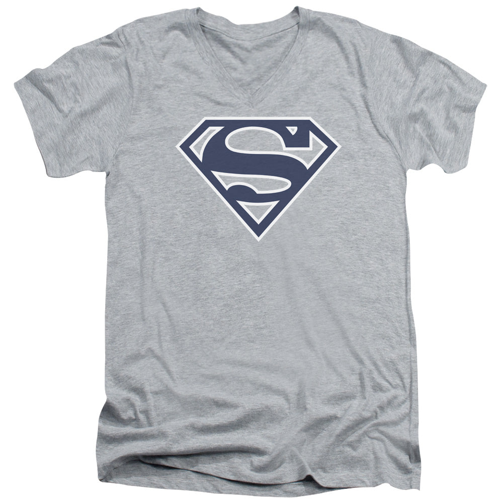 Superman Navy & White Shield S S Adult V Neck Athletic Heather