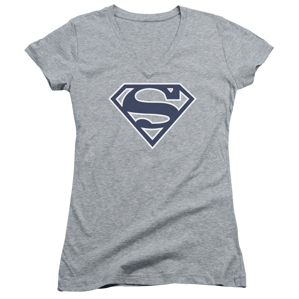 Superman Navy & White Shield Junior Sheer Cap Sleeve V Neck Womens T Shirt Athletic Heather