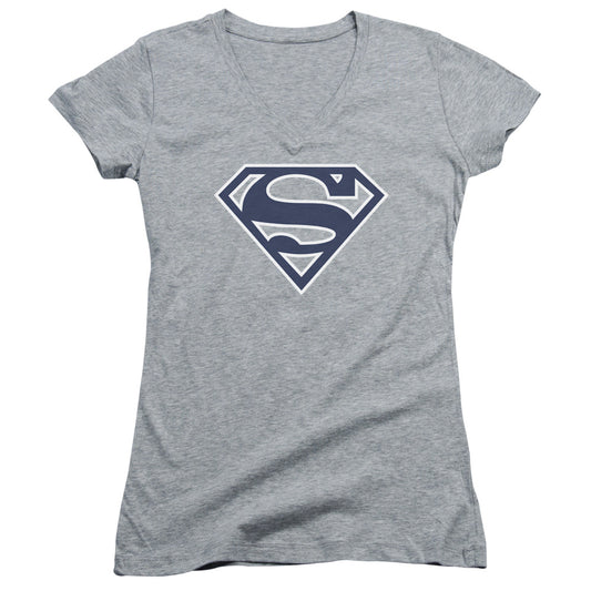 Superman Navy & White Shield Junior Sheer Cap Sleeve V Neck Womens T Shirt Athletic Heather