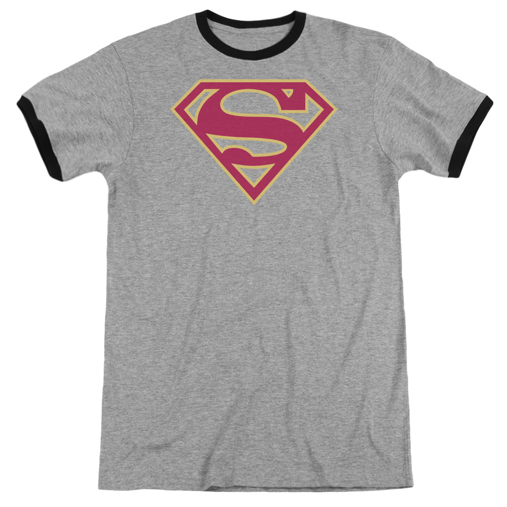 Superman Red & Gold Shield Heather Ringer Mens T Shirt Heather Black