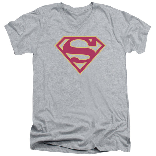 Superman Red & Gold Shield S S Adult V Neck Athletic Heather