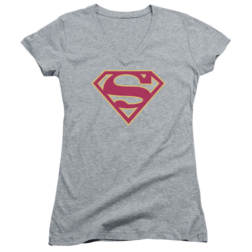 Superman Red & Gold Shield Junior Sheer Cap Sleeve V Neck Womens T Shirt Athletic Heather