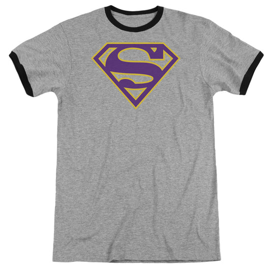 Superman Purple & Gold Shield Heather Ringer Mens T Shirt Heather Black