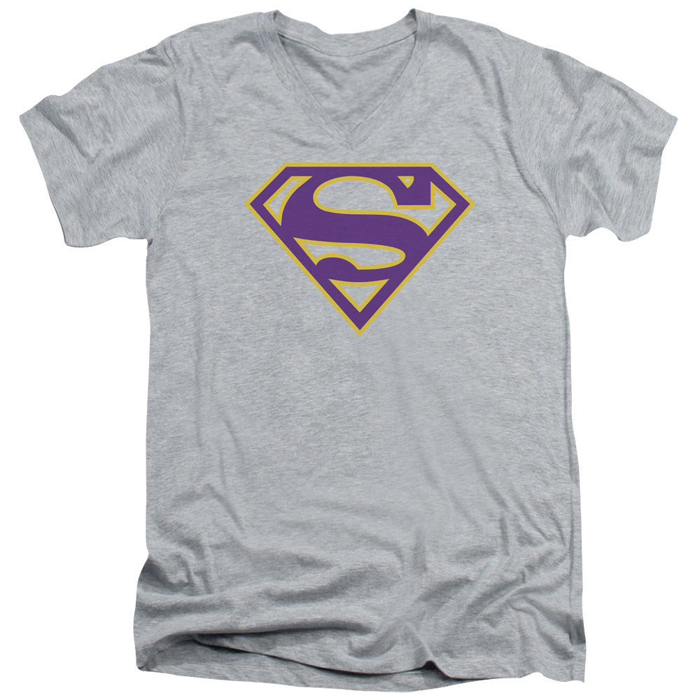 Superman Purple & Gold Shield S S Adult V Neck Athletic Heather