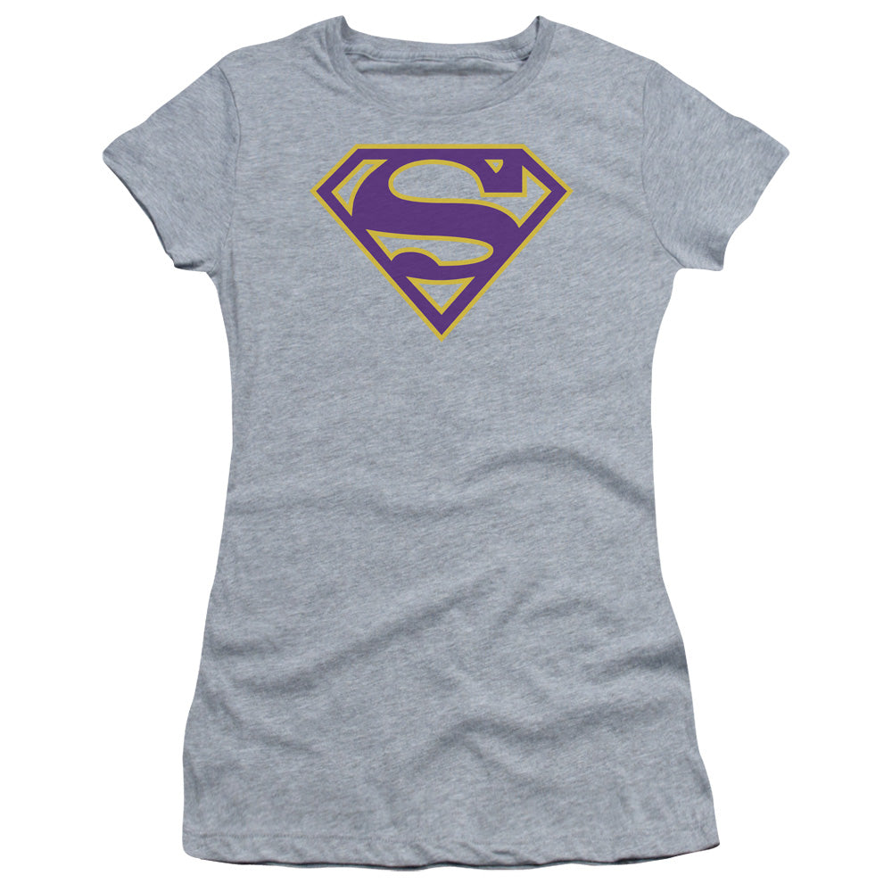 Superman Purple & Gold Shield Junior Sheer Cap Sleeve Womens T Shirt Athletic Heather