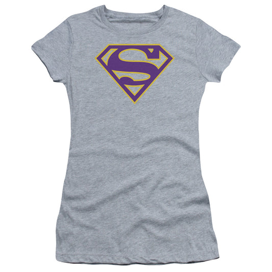 Superman Purple & Gold Shield Junior Sheer Cap Sleeve Womens T Shirt Athletic Heather