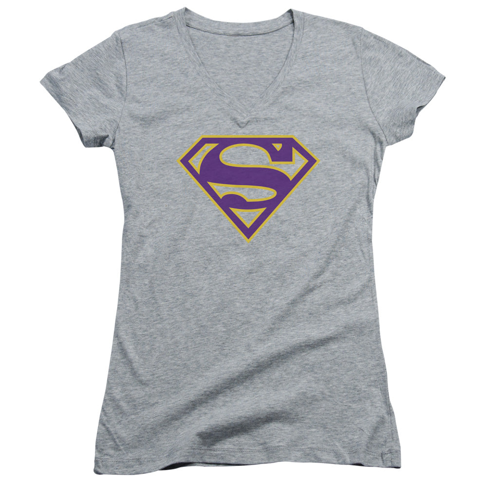 Superman Purple & Gold Shield Junior Sheer Cap Sleeve V Neck Womens T Shirt Athletic Heather