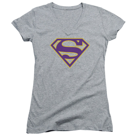 Superman Purple & Gold Shield Junior Sheer Cap Sleeve V Neck Womens T Shirt Athletic Heather