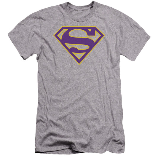 Superman Purple & Gold Shield Premium Bella Canvas Slim Fit Mens T Shirt Athletic Heather