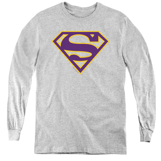 Superman Purple & Gold Shield Long Sleeve Kids Youth T Shirt Athletic Heather