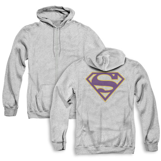 Superman Purple & Gold Shield Back Print Zipper Mens Hoodie Athletic Heather