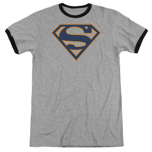 Superman Navy & Orange Shield Heather Ringer Mens T Shirt Heather Black