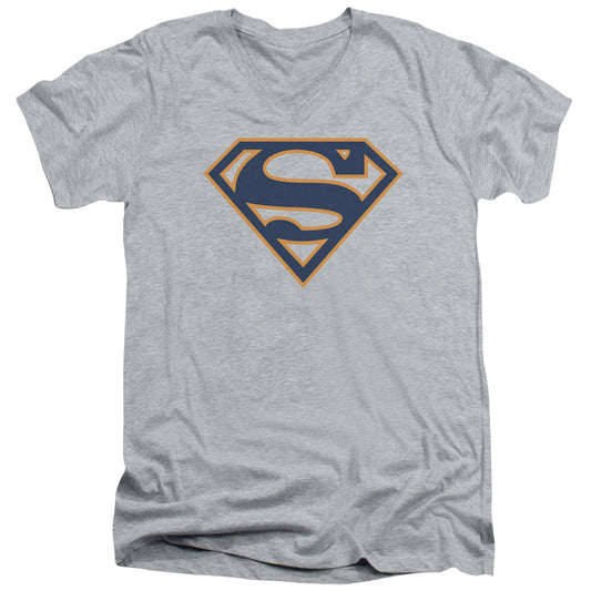 Superman Navy & Orange Shield S S Adult V Neck Athletic Heather