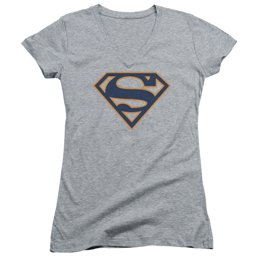 Superman Navy & Orange Shield Junior Sheer Cap Sleeve V Neck Womens T Shirt Athletic Heather