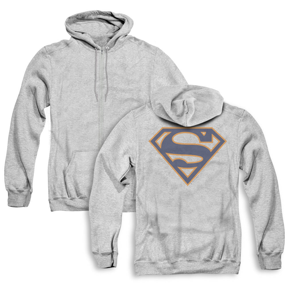 Superman Navy & Orange Shield Back Print Zipper Mens Hoodie Athletic Heather